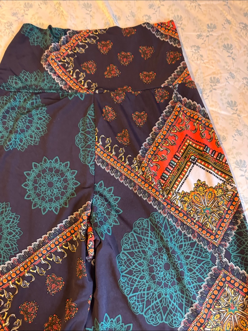 Bobbie Brooks Navy Wide Leg Pants with Teal & Coral Patchwork Print - Picture 3 of 6